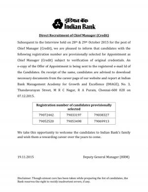 Indian Bank Declared Result for Chief Manager (Credit) Post 2015