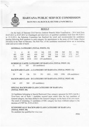 Haryana Civil Service (Judicial Branch) Examination – 2014: Final Result