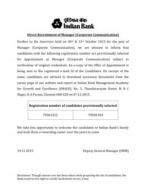 Indian Bank Declared Result for Manager (Corporate Communication) Post 2015