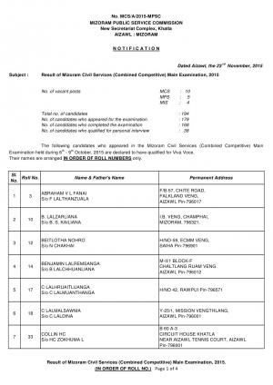 Mizoram Civil Services (Combined Competitive) Main Examination 2015: Result