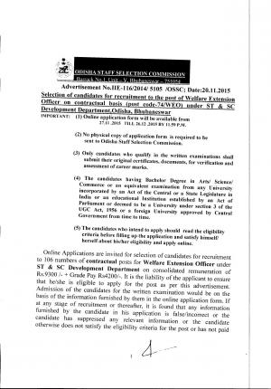 OSSC Recruitment 2015 for 106 Welfare Extension Officer Posts