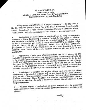 Ministry of Consumer Affairs Recruitment 2015 for Professor of Sugar Engineering Post 