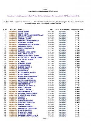 SSCSR Chennai Announced Interview Schedule for SI in Delhi Police, CAPFs & ASI in CISF Exam 2015