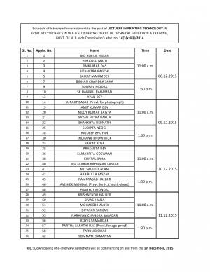 WBPSC Declared Interview Schedule for Lecturer (Printing Tech) Post 2015
