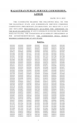 Rajasthan State & Subordinate Services Combined Competitive (Pre) Exam 2013: Result