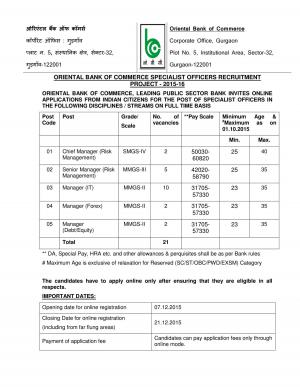 Oriental Bank of Commerce Recruitment 2015 for 21 Manager & Other Posts
