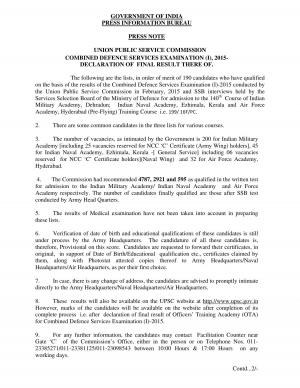 UPSC Combined Defence Services Examination (I) 2015: Final Result