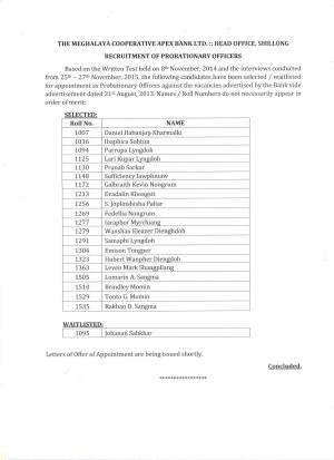 Meghalaya Co-Op. Apex Bank Ltd. declared interview results for PO Posts 2015