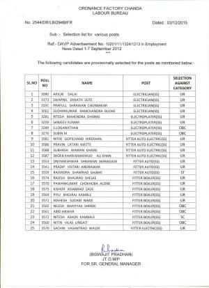 Ordnance Factory Chanda Declared Result for Electrician Fitter & Other Posts 2015