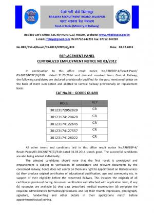 RRB, Bilaspur Declared Provisional Final Result for Goods Guard Posts 2015 