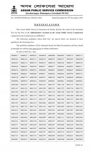 APSC Jr. Administrative Assistant Post 2015: Main Examination List