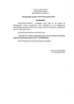 SSC Stenographer (Grade ‘C’&’D’) Examination 2015: Change in Exam Date