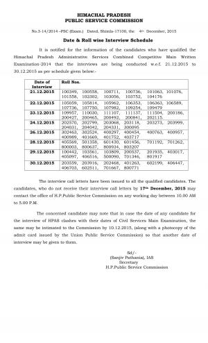 HPPSC Issued Interview Schedule for HP Administrative Services Combined Competitive Examination 2015