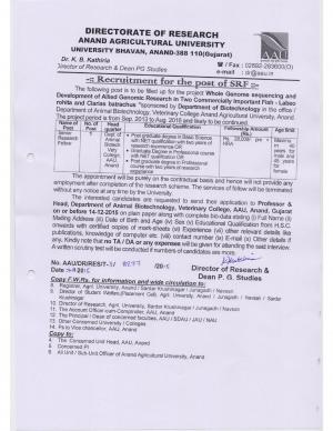Anand Agricultural University, Gujarat 2015 for 12 SRF & RA Posts
