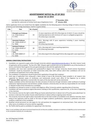 Islamic University of Science and Technology Recruitment 2015-16 for 45 Teaching Posts