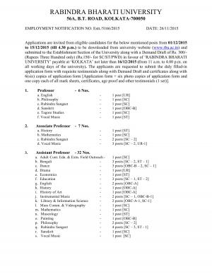 Rabindra Bharati University Recruitment 2015 for 45 Teaching Posts