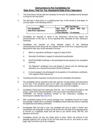 Instructions to the Candidates for Data Entry Test for Tax Assistants