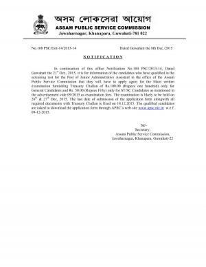 APSC Junior Administrative Assistant Post: Main Written Examination 2015