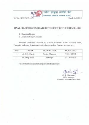 Narmada Jhabua Gramin Bank Declared Result for FLC Counsellor Post 2015