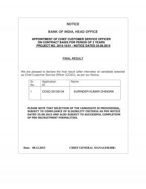 Bank of India Declared Interview Result for Chief Customer Service Officer Post 2015