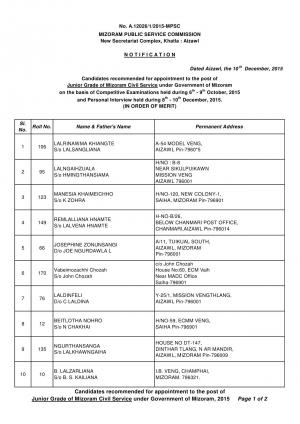 Mizoram PSC Declared Final Result for Mizoram Civil Service (Jr. Grade) Post 2015