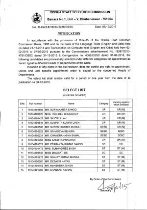 OSSC Junior Typist Posts 2015: Final Result