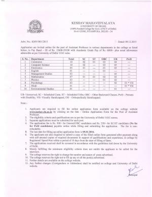 Keshav Mahavidyalaya, DU Recruitment 2015 for 44 Assistant Professor Posts
