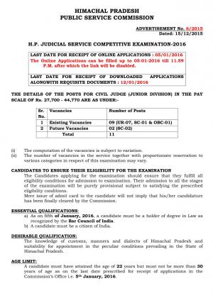 HPPSC Judicial Service Competitive Examination 2016: Notification