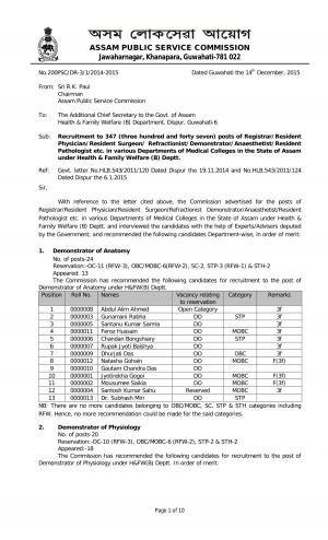 APSC Various Posts 2015: Final Result