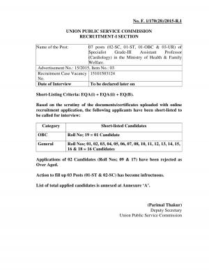 UPSC Declared Interview List for Specialist Grade-III Assistant Professor Post 2015
