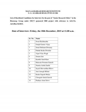 MACS-Agharkar Research Institute, Pune Issued Interview Schedule for SRF Post 2015 