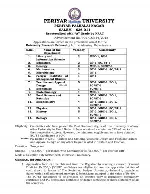Periyar University Recruitment 2015 for 38 University Research Fellowship Posts