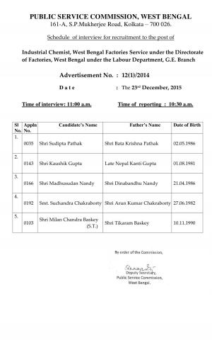 WBPSC Declared Interview Schedule for Industrial Chemist Post 2015