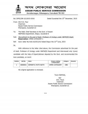 APSC Declared Result for Asstt. Professor (Urology) Post 2015