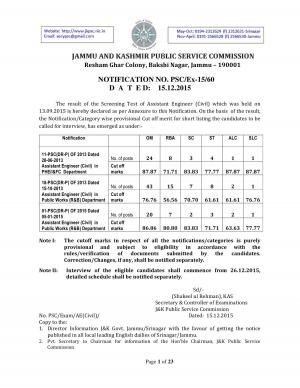 JKPSC Declared Screening Test Result for Assistant Engineer (Civil) Post 2015