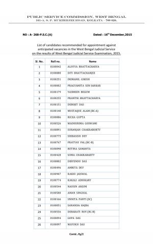WBPSC Judicial Service Examination 2015: Result