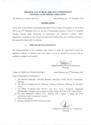 Meghalaya PSC Declared Result for Stenography Instructor Post 2015