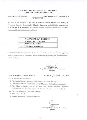 Meghalaya PSC Declared Result for Assistant Teacher (Science) Post 2015