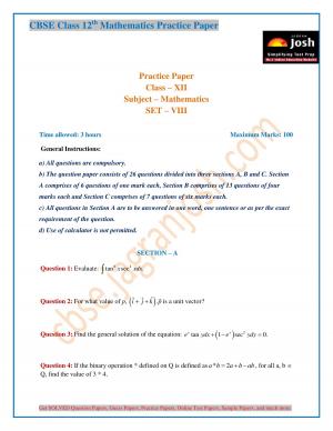 CBSE Class 12 Mathematics Practice Paper Set - VIII