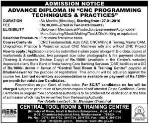 Central Tool Room & Training Centre Notified Admission for Diploma Course 2015-16