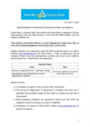 Canara Bank Recruitment 2015-16 for 74 Specialist Officers Posts