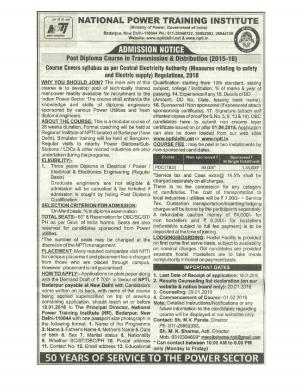 NPTI Notified Admission for Post Diploma Course in Transmission & Distribution 2015-16