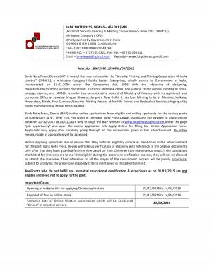 Bank Note Press Recruitment 2015-16 for 41 Supervisor Posts
