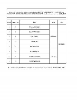WBPSC Declared Interview Schedule for Assistant Agronomist Post 2015