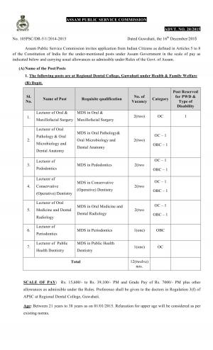 APSC Recruitment 2015 for 12 Lecturer (Regional Dental College) Post