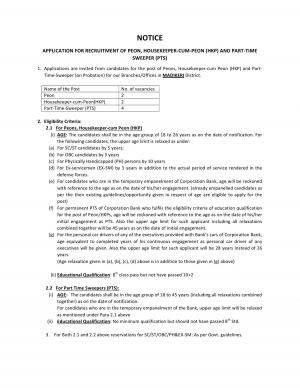 Corporation Bank, Madikeri Recruitment 2015 for 08 Peons & Other Posts