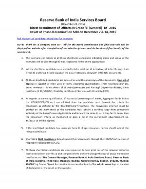 RBI Declared Interview List for Grade B Post (Phase II Exam) 2015