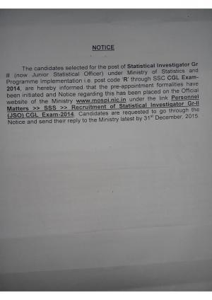SSCNR Statistical Investigator Post (through SSC-CGL 2014): Pre-Appointment Formality