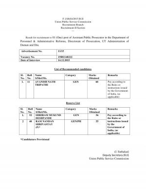 UPSC Declared Interview Result for Assistant Public Prosecutor Post in Daman & Diu 2015