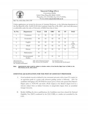 Satyawati College, Delhi  Recruitment 2015-16 for 46 Assistant Professors Post